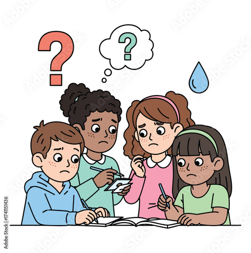 Group of confused children thinking with question marks silhouette