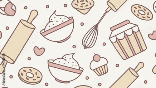 A seamless baking-themed pattern illustration. Modern abstract design for paper, covers, fabric, interior decor, and other applications.
