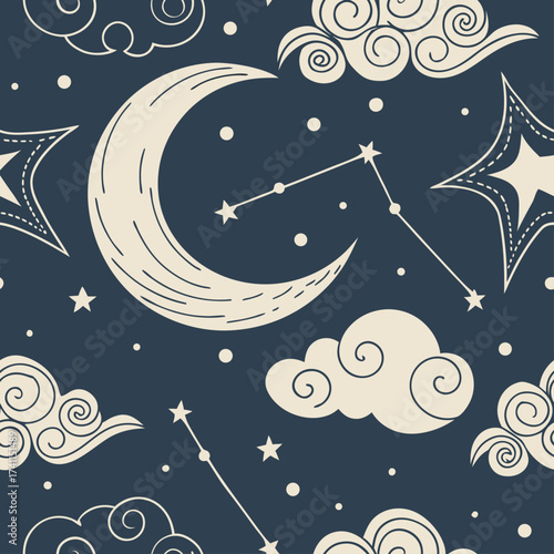 A seamless celestial pattern illustration. Modern abstract design for paper, covers, fabric, interior decor, and other applications.