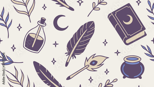 A seamless magical-themed pattern illustration. Modern abstract design for paper, covers, fabric, interior decor, and other applications. 