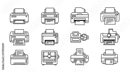 Set of diverse printer icons representing modern and classic printing devices for technology concepts vector