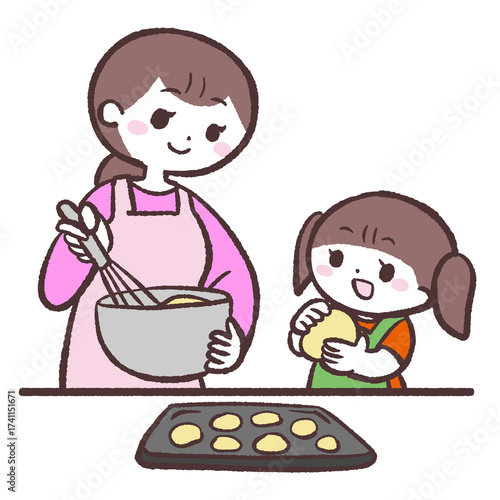お菓子作りする女の子とお母さんのイラスト