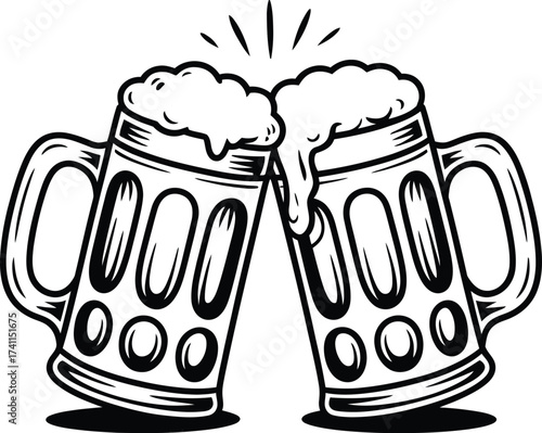 Two Beer Mugs Clinking With Foam And Rays toasting
