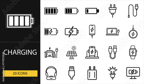 Thin line charging icons set of 20 vector symbols including battery, plug, cable, charger, solar, power bank, and electric energy concept