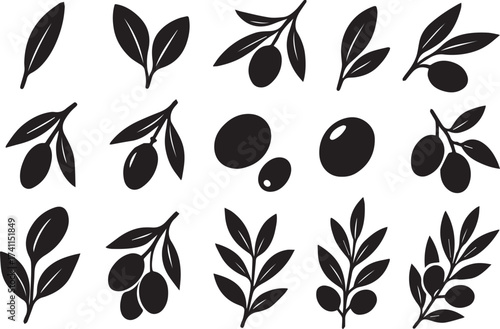 Olive branch and fruit silhouettes in black and white linocut vector style for food and oil packaging artwork