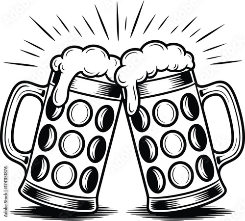 Two Beer Mugs Clinking With Foam And Rays toasting