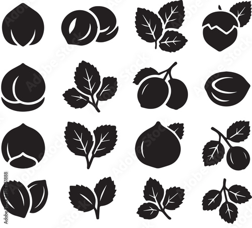 Hazelnut fruit and leaf silhouettes black and white minimalist linocut vector art for natural product packaging