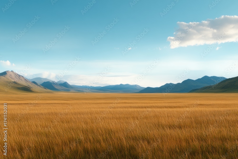 Fototapeta premium Vast Landscape Panorama: A stunning vista unveils endless fields of golden-brown crops beneath a vibrant blue sky dotted with fluffy clouds. Undulating terrain meets distant mountain ranges.
