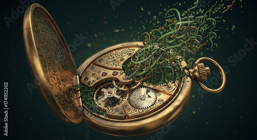  A broken, antique-style pocket watch where the internal springs and gears are spilling out and morphing into swirling vines or abstract, flowing calligraphy.