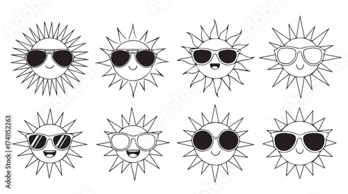 Set of eight whimsical hand-drawn sun faces with diverse sunglasses for summer fun vector