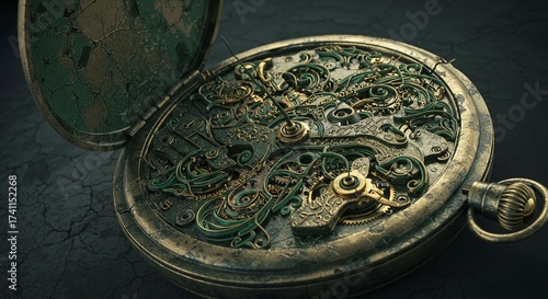  A broken, antique-style pocket watch where the internal springs and gears are spilling out and morphing into swirling vines or abstract, flowing calligraphy.