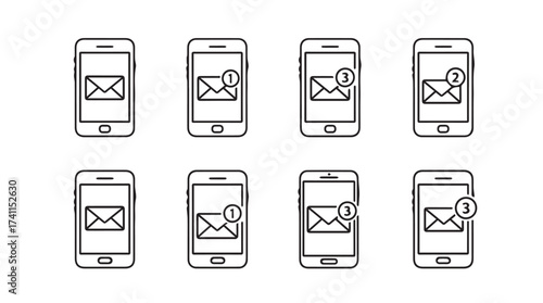 Mobile phone icons showing email notifications with unread message alerts and new mail symbols vector
