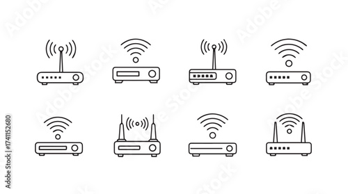 Collection of wireless routers with signal waves network devices home internet equipment vector
