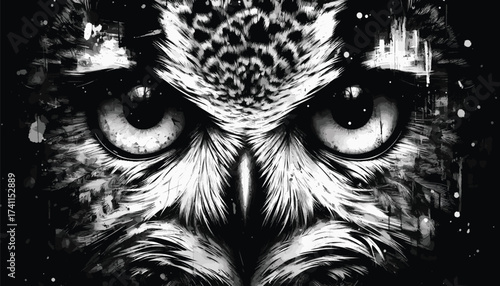  Monochrome close-up of an owl's eyes and beak reveals sharp textures, symmetry, and a piercing, mysterious mood suitable for wildlife and art projects..