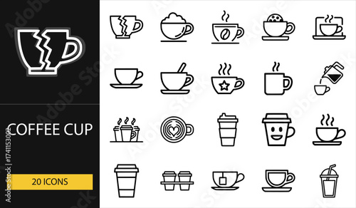 Thin line coffee cup icons set of 20 vector symbols including mug, espresso, cappuccino, latte, tea, takeaway cup, straw glass, and coffee drink design
