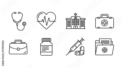 Collection of medical icons including stethoscope heart hospital aid kit syringe pills vector