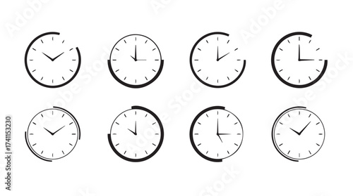 Eight vintage sketch style analog clocks displaying different times in horizontal rows vector