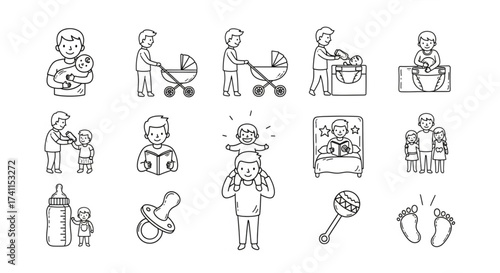 Fatherhood Doodle Icons Set - Baby and Family Care Symbols