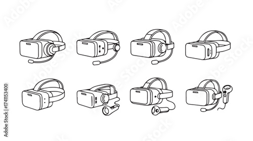 Set of eight hand-drawn virtual reality headset sketches in a clean artistic style vector