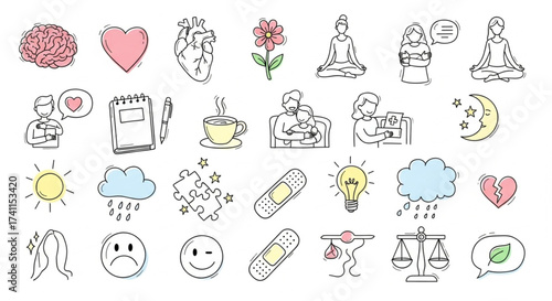 Mental Health Doodle Set - Hand Drawn Wellness and Self Care Icons
