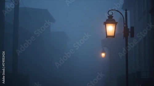Lantern light illuminating foggy street at night in urban setting  