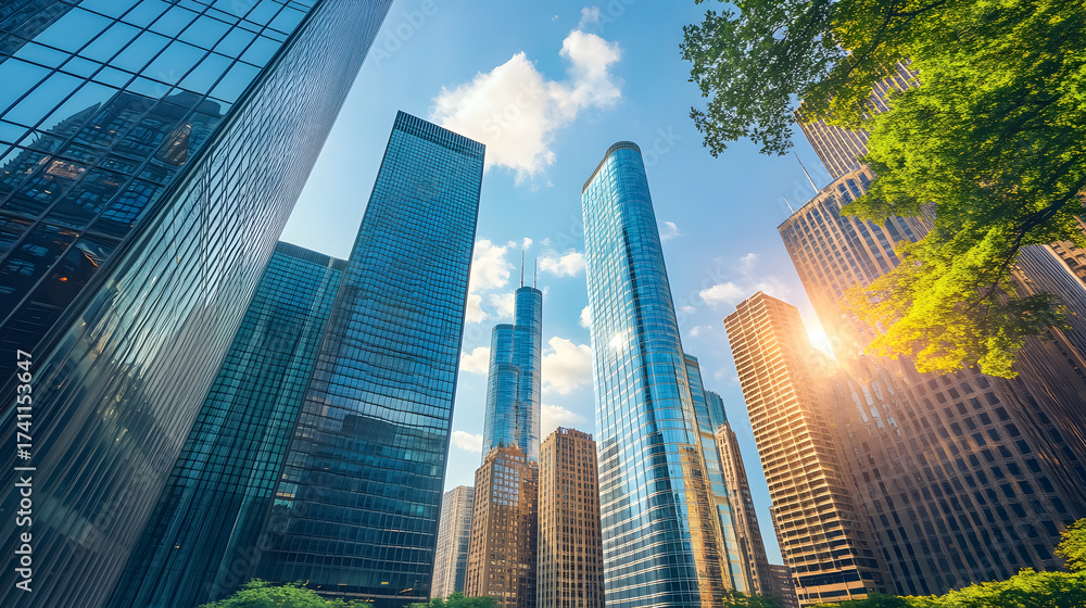 Obraz premium Skyscrapers in downtown Chicago, reflecting the surrounding cityscape in their windows.