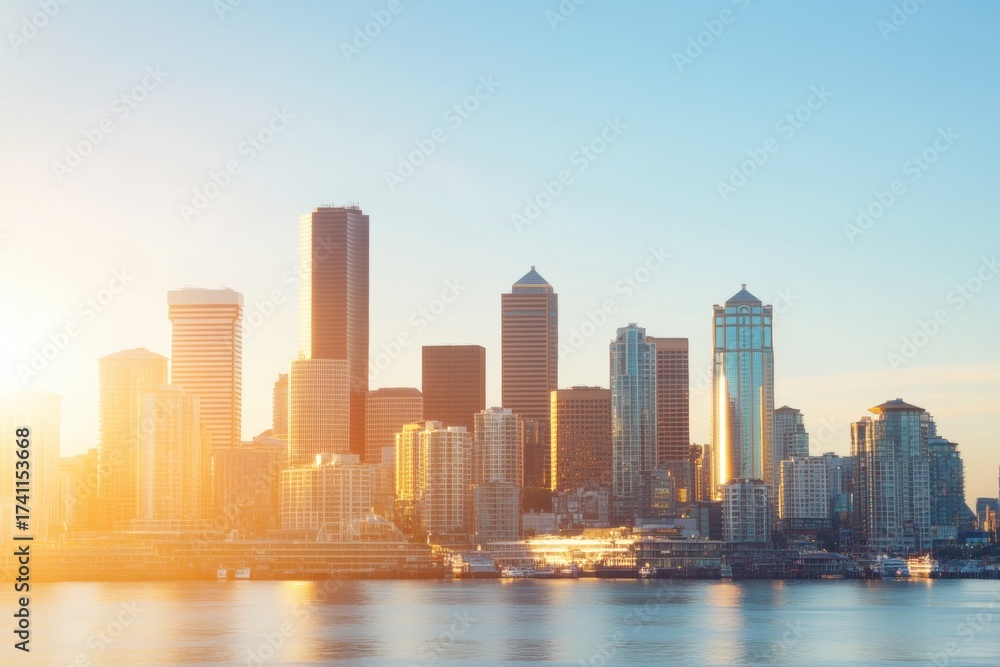 Fototapeta premium Cityscape Sunset: A panoramic view of a modern city skyline at dusk, with skyscrapers silhouetted against a vibrant sunset sky, the city lights twinkle and a sense of serenity fills the air.