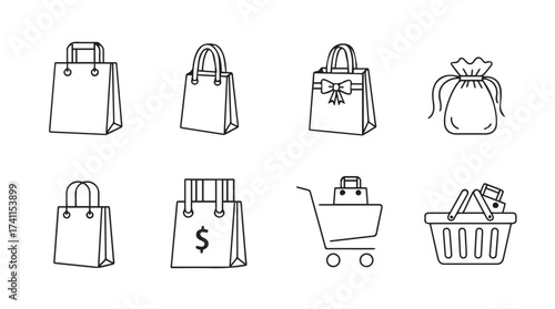 Collection of hand drawn shopping bags purses and cart icons representing commerce and retail vector