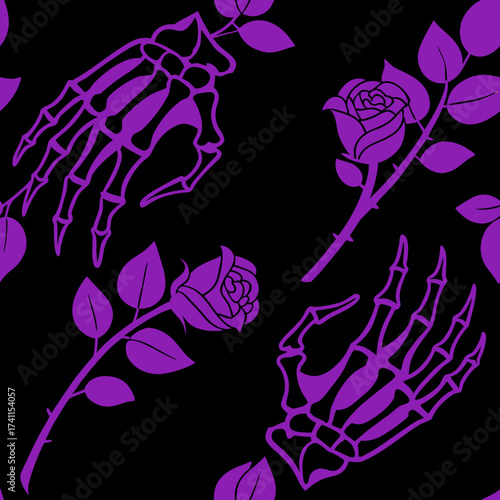 Two skeleton hands holding purple roses on black background, seamless pattern, vector