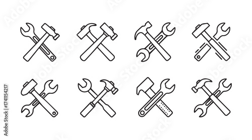 Collection of hand drawn crossed hammer and wrench icons for construction and repair themes vector
