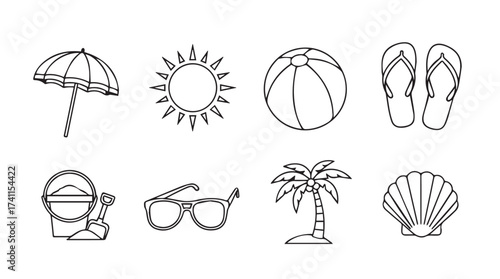 Hand drawn summer beach vacation icons set with umbrella sun ball flip flops and palm tree vector