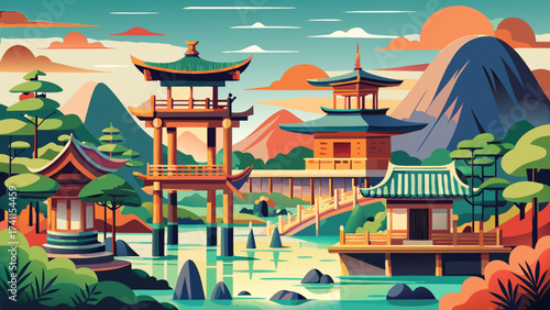 Historic Monuments of Ancient Kyoto in Japan include temples, shrines, and Zen gardens, wooden corridors extending through serene greenery, carefully structured for stylized minimal vector adaptation.