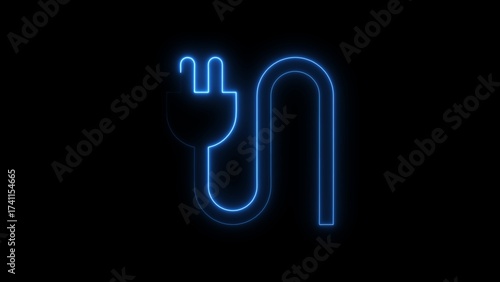Glowing blue neon electric plug and cable illustration against a stark black background