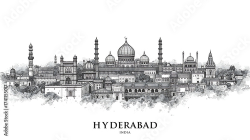Hyderabad India Skyline Illustration Sketch in Black and White with Charminar Golconda Fort Hussain Sagar Tank Bund Salar Jung Museum Landmarks, Use for Posters, Wall Art, Educational Prints, Souvenir