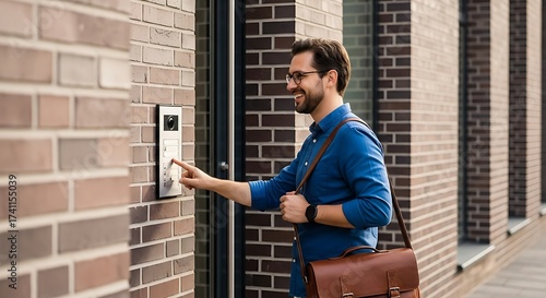 Man using video intercom system on the brick wall of the house