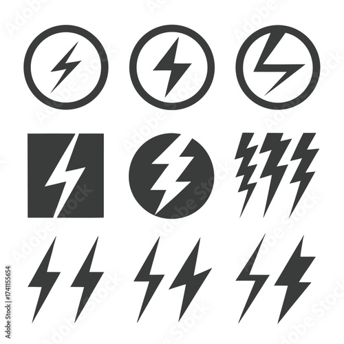 Collection of dark gray lightning bolt icons in circles squares and rows thunder electricity