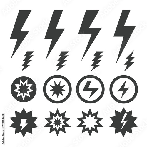 Collection of dark gray lightning bolt and starburst icons on white background thunder energy