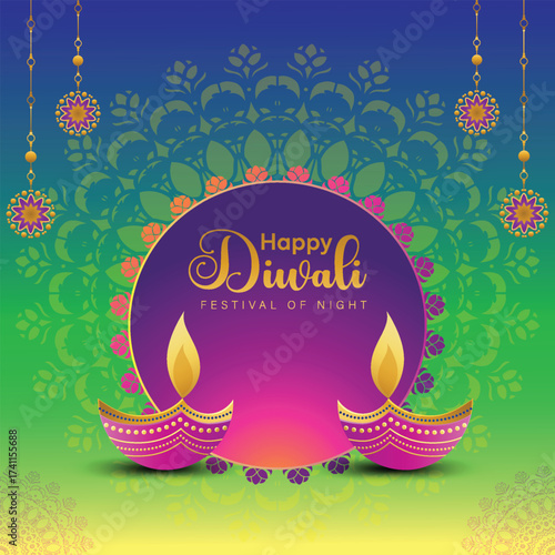 Indian festival of lights Happy Diwali, holiday Green Purple Background, Diwali celebration greeting card, abstract vector illustration design.	