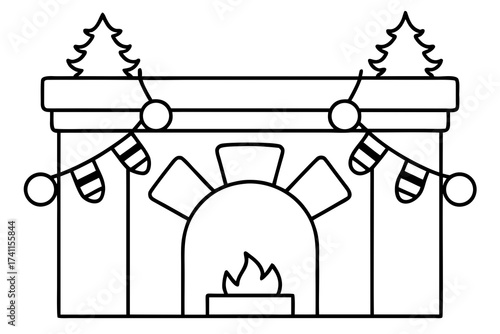 line art Fireplace decorated with stockings and garland, holiday vector scene isolated on white background