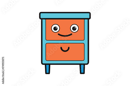 Vector art of adorable nightstand character charming cartoon nightstand with a smiling face, ideal for childrens room decor, furniture illustrations, and playful interior designs