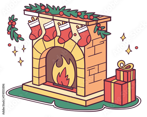 Fireplace decorated with stockings and garland, holiday vector scene isolated on white background