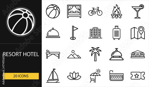 Thin line resort hotel icons set of 20 vector symbols including bed, luggage, palm tree, pool, bell, drink, spa, and vacation travel design