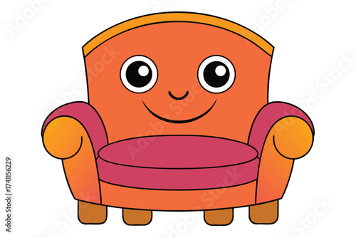 Vector art of a cozy orange armchair with a friendly face, perfect for adding a warm and inviting touch to any design, its classic shape and cheerful color make it versatile