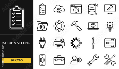 Thin line setup and setting icons set of 20 vector symbols including gear, wrench, screwdriver, laptop, checklist, toolbox, and configuration design