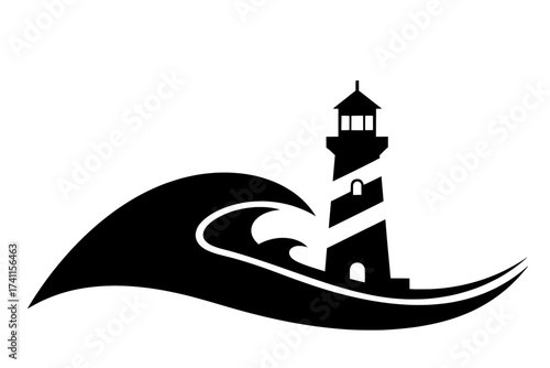 Bold minimalist graphic featuring an iconic lighthouse silhouette standing strong amidst a powerful ocean wave, representing coastal navigation, adventure, and the timeless allure of the sea