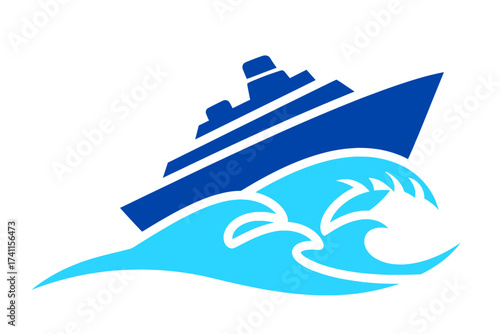 Vibrant graphic illustration of a blue cruise ship navigating dynamic ocean waves, symbolizing maritime travel, vacation, and adventure on the open sea