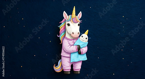 Unicorn in Pajamas holding a little blanket.
