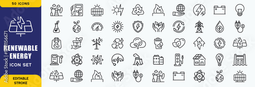 Set of outline icons related to green, renewable energy, alternative sources energy. Eco icon collection. Editable stroke. Vector illustration
