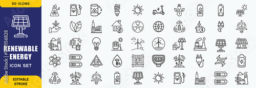 Set of outline icons related to green, renewable energy, alternative sources energy. Eco icon collection. Editable stroke. Vector illustration