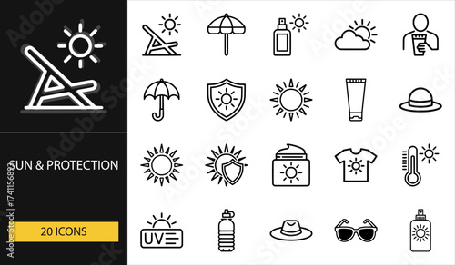 Thin line sun and protection icons set of 20 vector symbols including sun, umbrella, cream, hat, glasses, shirt, bottle, and uv safety design